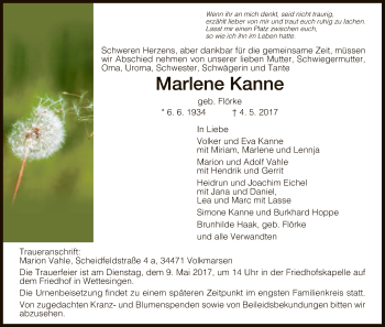 Traueranzeige von Marlene Kanne von HNA