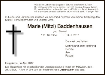 Traueranzeige von Marie Baddenhausen von HNA