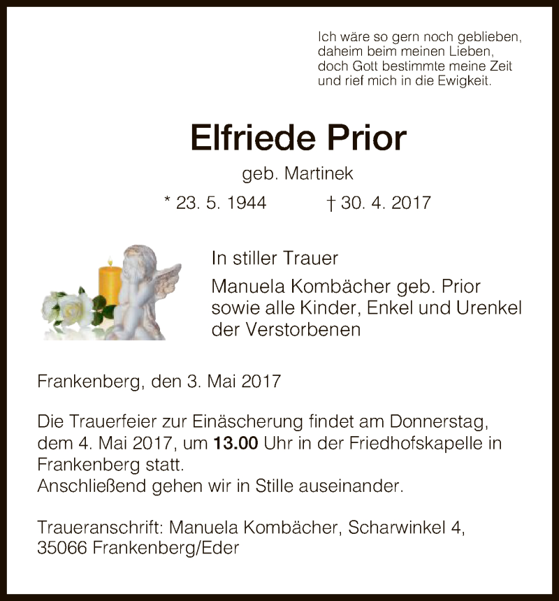 Traueranzeige für Elfriede Prior vom 03.05.2017 aus HNA
