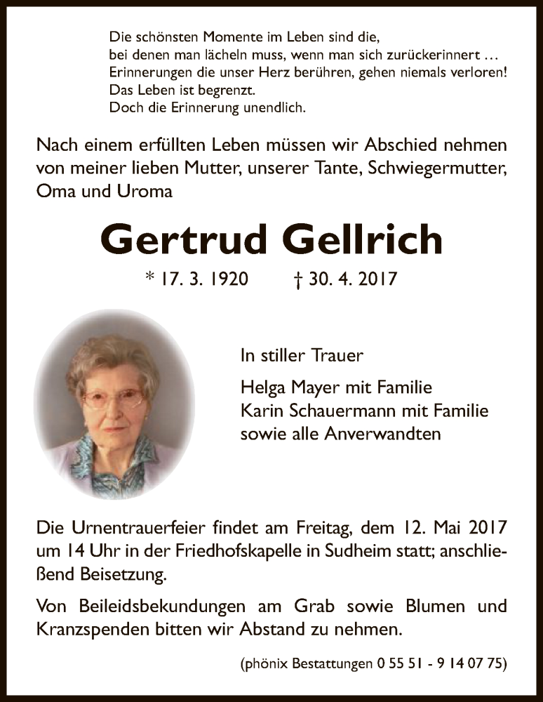  Traueranzeige für Gertrud Gellrich vom 06.05.2017 aus HNA