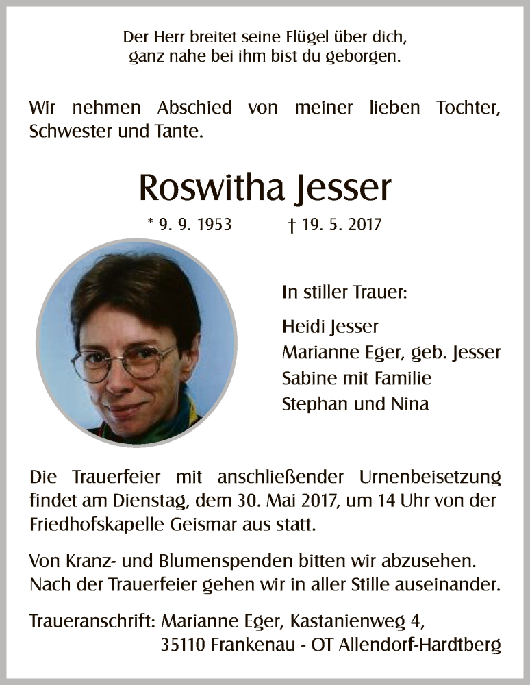  Traueranzeige für Roswitha Jesser vom 27.05.2017 aus HNA