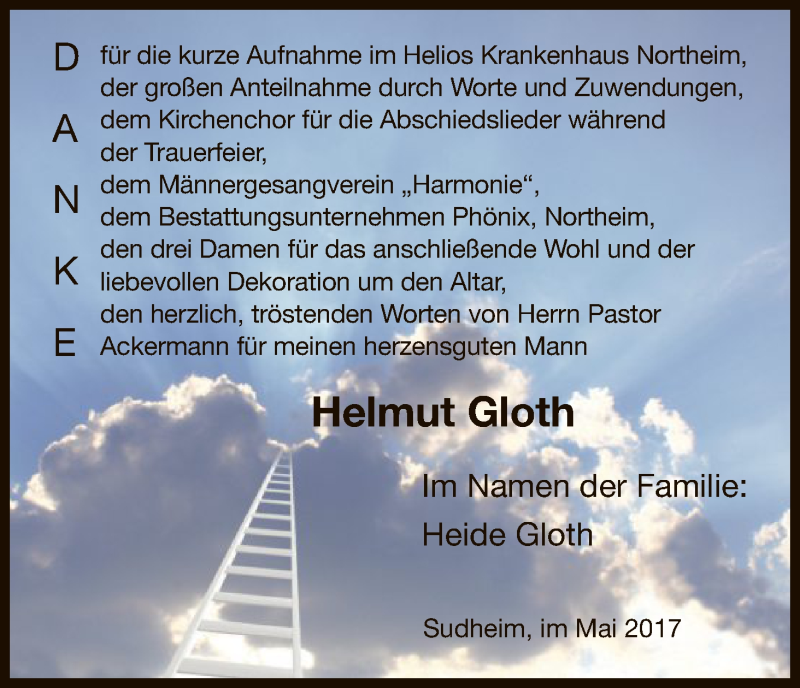  Traueranzeige für Helmut Gloth vom 06.05.2017 aus HNA