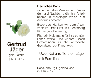 Traueranzeige von Gertrud Jäger von HNA