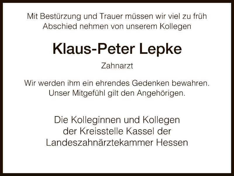  Traueranzeige für Klaus-Peter Lepke vom 17.05.2017 aus HNA