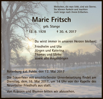 Traueranzeige von Marie Fritsch von HNA