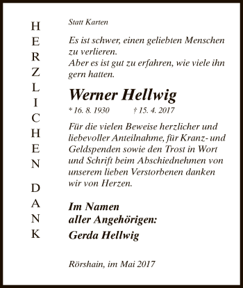 Traueranzeige von Werner Hellwig von HNA