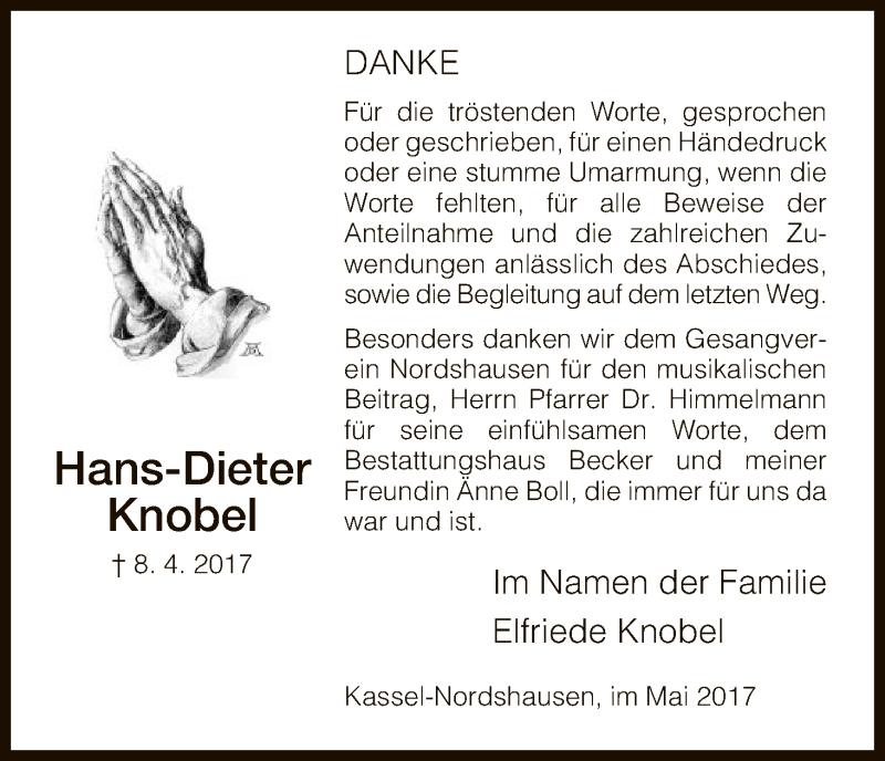  Traueranzeige für Hans-Dieter Knobel vom 06.05.2017 aus HNA
