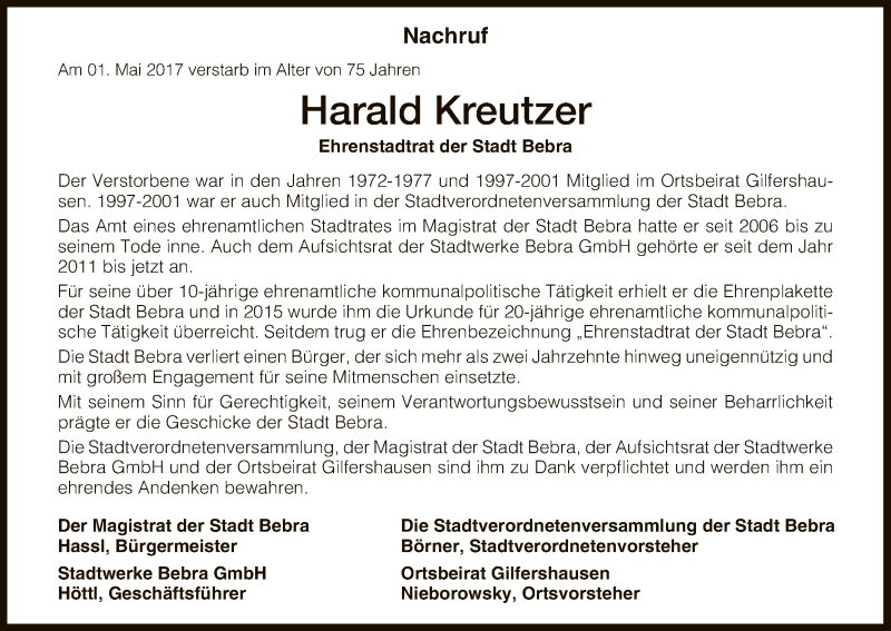  Traueranzeige für Harald Kreutzer vom 06.05.2017 aus HNA