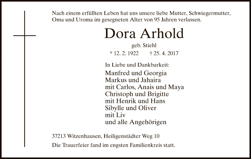  Traueranzeige für Dora Arhold vom 06.05.2017 aus HNA