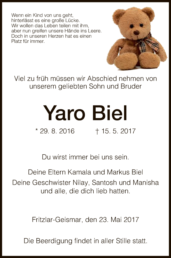  Traueranzeige für Yaro Biel vom 23.05.2017 aus HNA