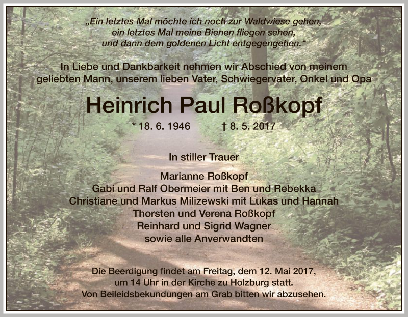  Traueranzeige für Heinrich Paul Roßkopf vom 10.05.2017 aus HNA