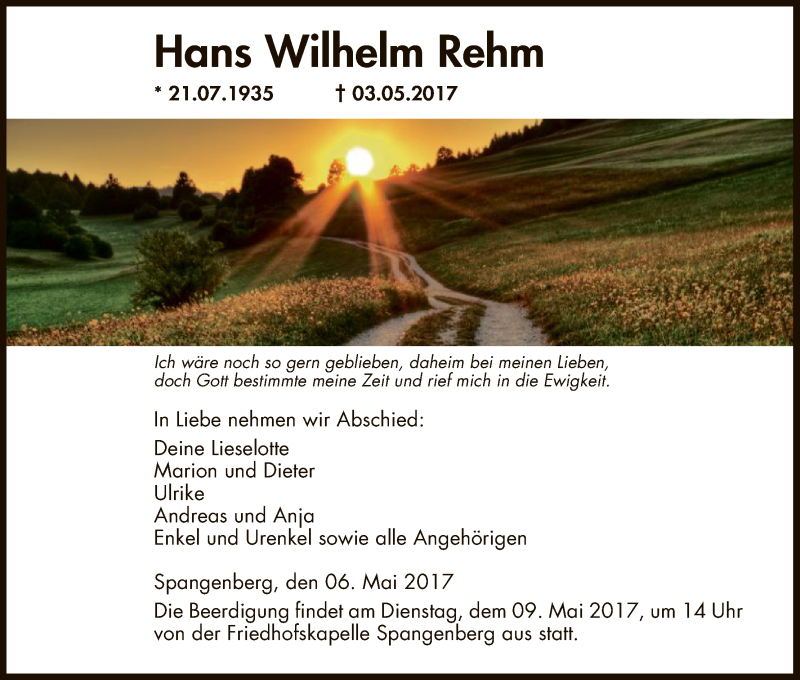  Traueranzeige für Hans Wilhelm Rehm vom 06.05.2017 aus HNA