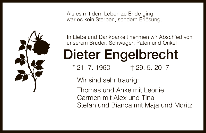  Traueranzeige für Dieter Engelbrecht vom 31.05.2017 aus HNA