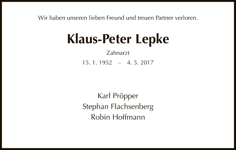  Traueranzeige für Klaus-Peter Lepke vom 13.05.2017 aus HNA