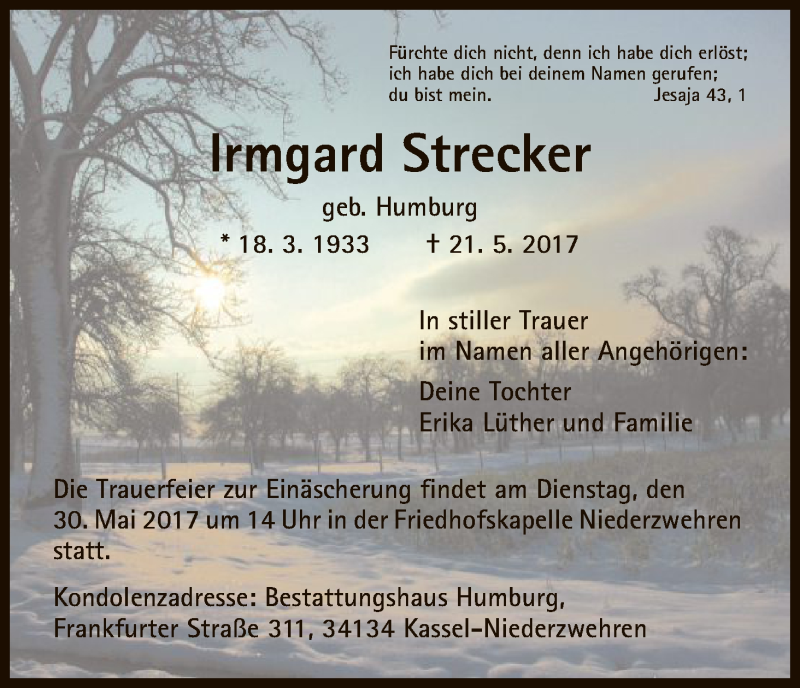  Traueranzeige für Irmgard Strecker vom 27.05.2017 aus HNA