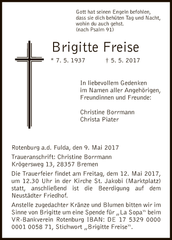 Traueranzeige von Brigitte Freise von HNA