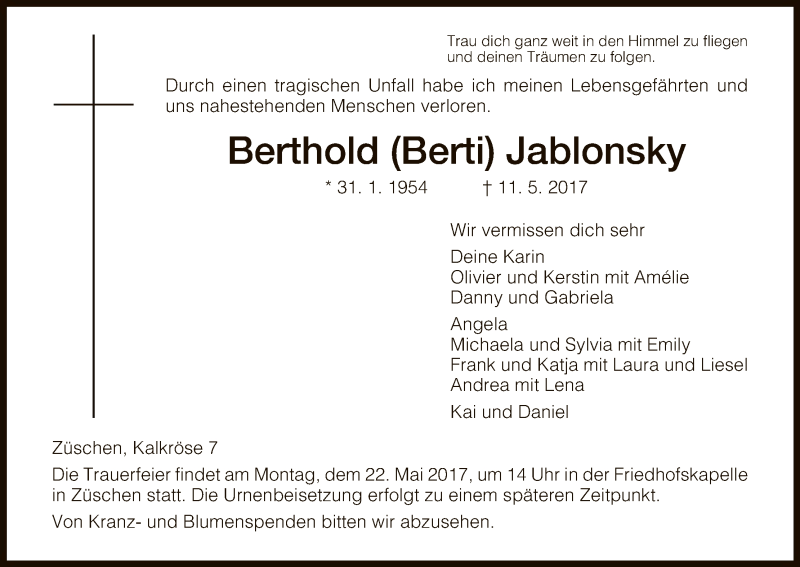  Traueranzeige für Berthold Jablonsky vom 18.05.2017 aus HNA