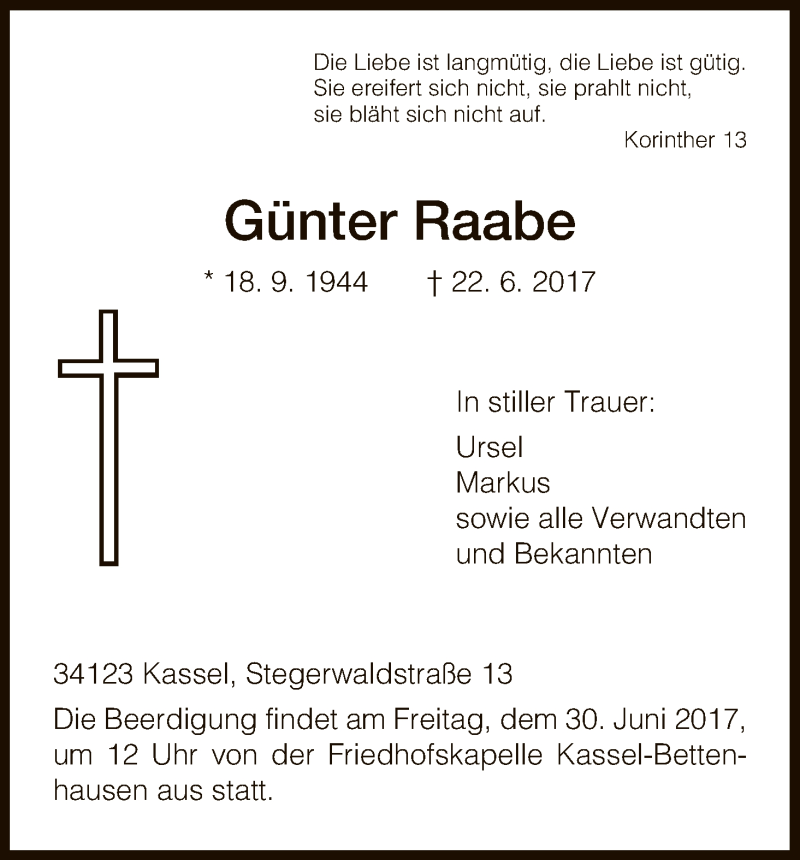  Traueranzeige für Günter Raabe vom 27.06.2017 aus HNA