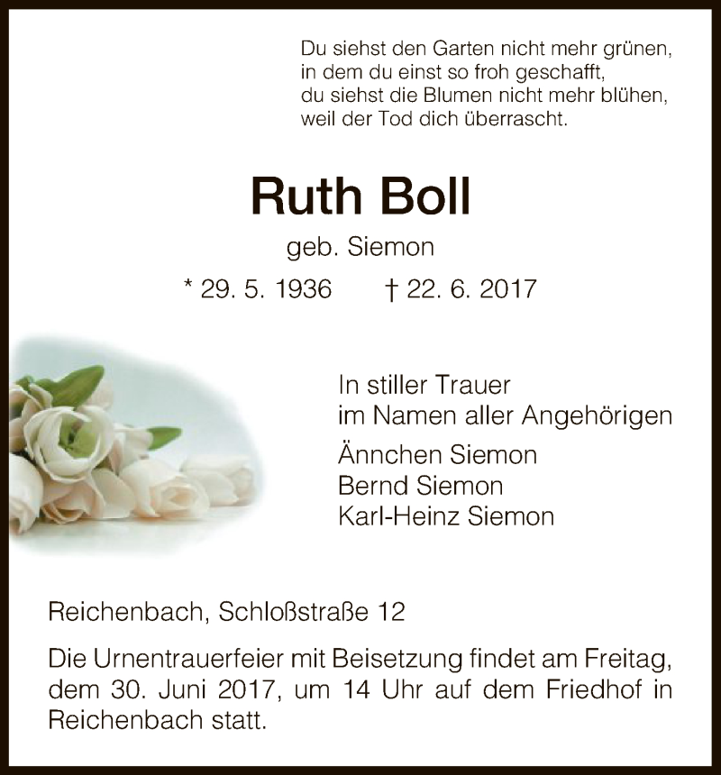  Traueranzeige für Ruth Boll vom 27.06.2017 aus HNA