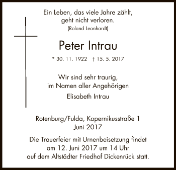 Traueranzeige von Peter Intrau von HNA