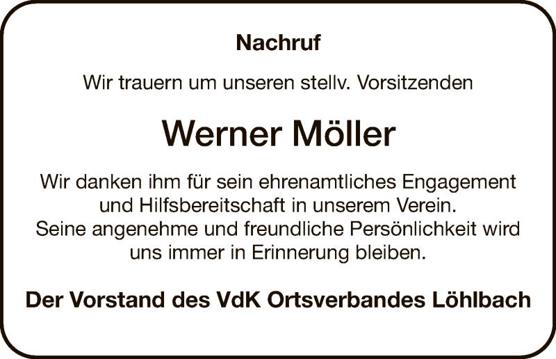  Traueranzeige für Werner Möller vom 03.06.2017 aus HNA