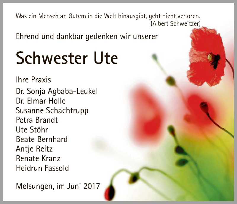  Traueranzeige für Ute  vom 24.06.2017 aus HNA