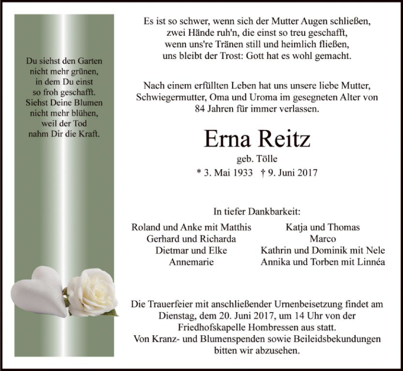  Traueranzeige für Erna Reitz vom 17.06.2017 aus HNA