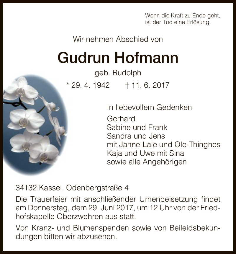 Traueranzeigen von Gudrun Hofmann | Trauer.HNA.de