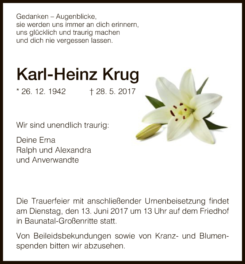  Traueranzeige für Karl-Heinz Krug vom 10.06.2017 aus HNA