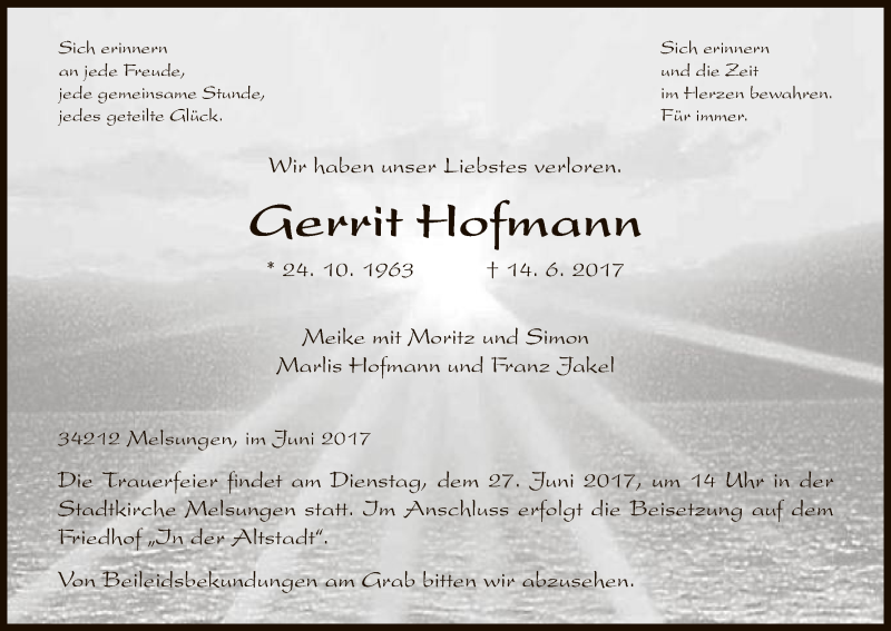  Traueranzeige für Gerrit Hofmann vom 23.06.2017 aus HNA
