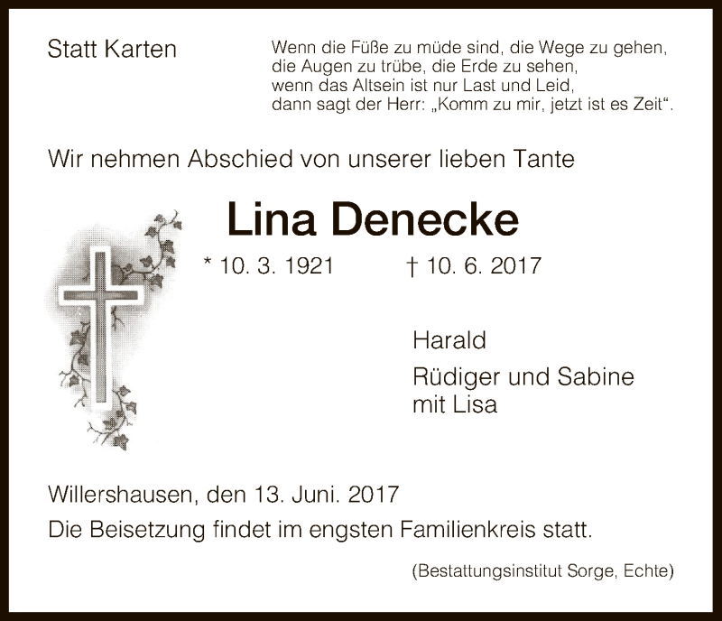  Traueranzeige für Lina Denecke vom 15.06.2017 aus HNA