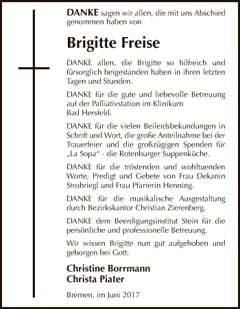Traueranzeige von Brigitte Freise von HNA