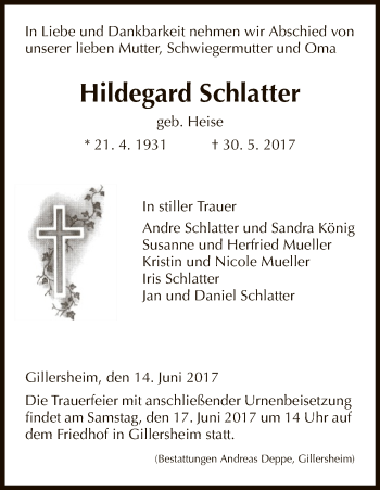 Traueranzeige von Hildegard Schlatter von HNA