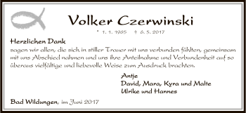 Traueranzeige von Volker Czerwiriski von HNA