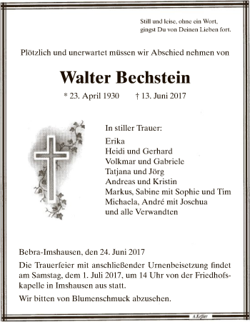 Traueranzeige von Walter Bechstein von HNA