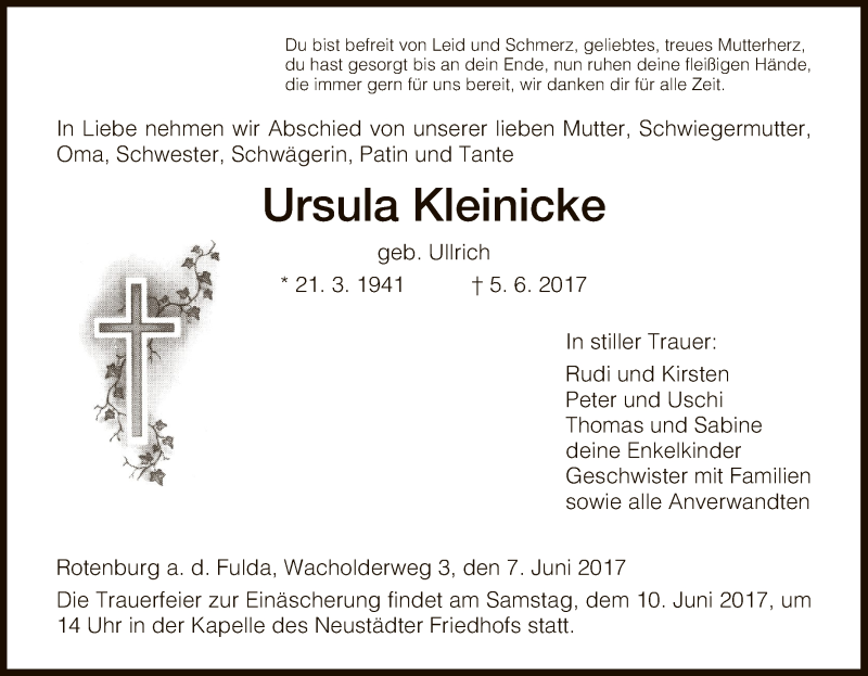 Traueranzeige für Ursula Kleinicke vom 07.06.2017 aus HNA