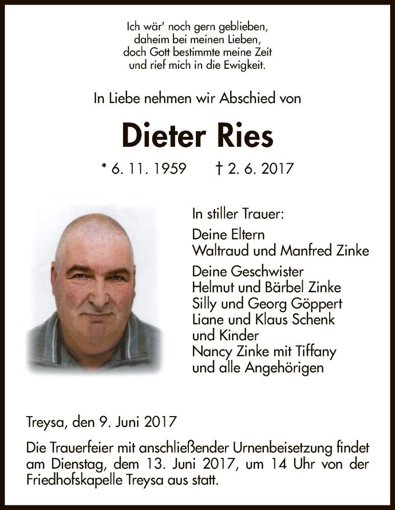  Traueranzeige für Dieter Ries vom 09.06.2017 aus HNA