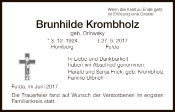 Traueranzeige von Brunhilde Krombholz von HNA