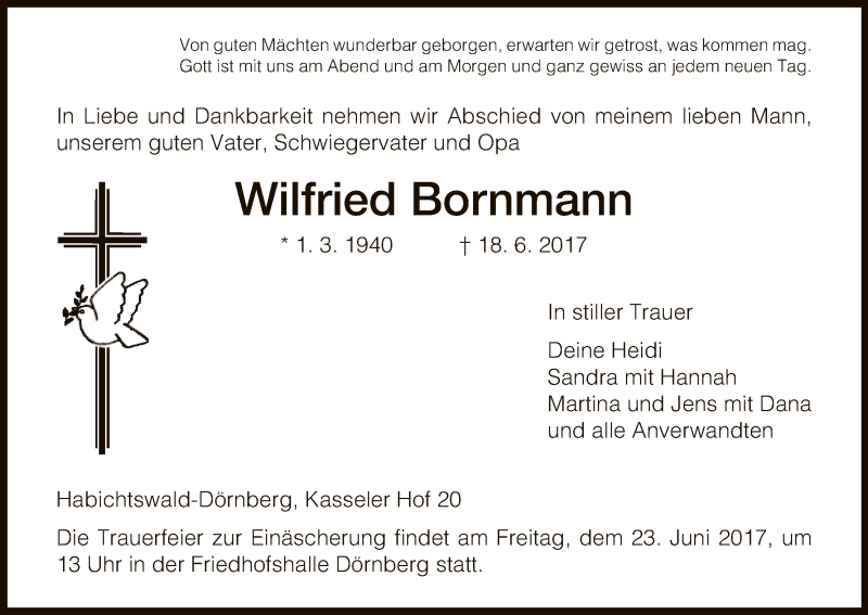  Traueranzeige für Wilfried Bornmann vom 20.06.2017 aus HNA