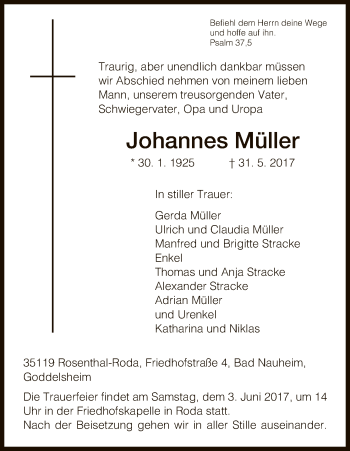 Traueranzeige von Johannes Müller von HNA
