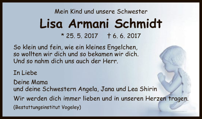 Traueranzeigen von Lisa Armani Schmidt 