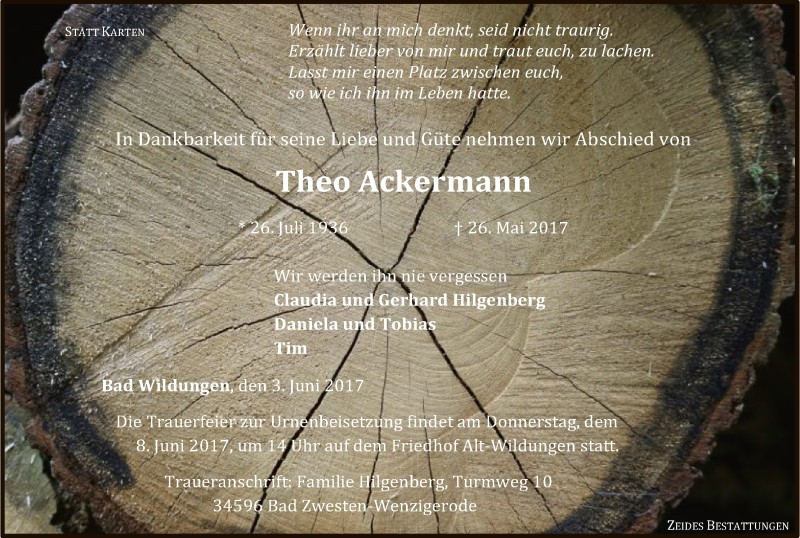  Traueranzeige für Theo Ackermann vom 03.06.2017 aus HNA