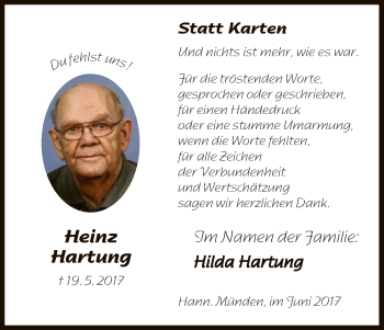 Traueranzeige von Heinz Hartung von HNA