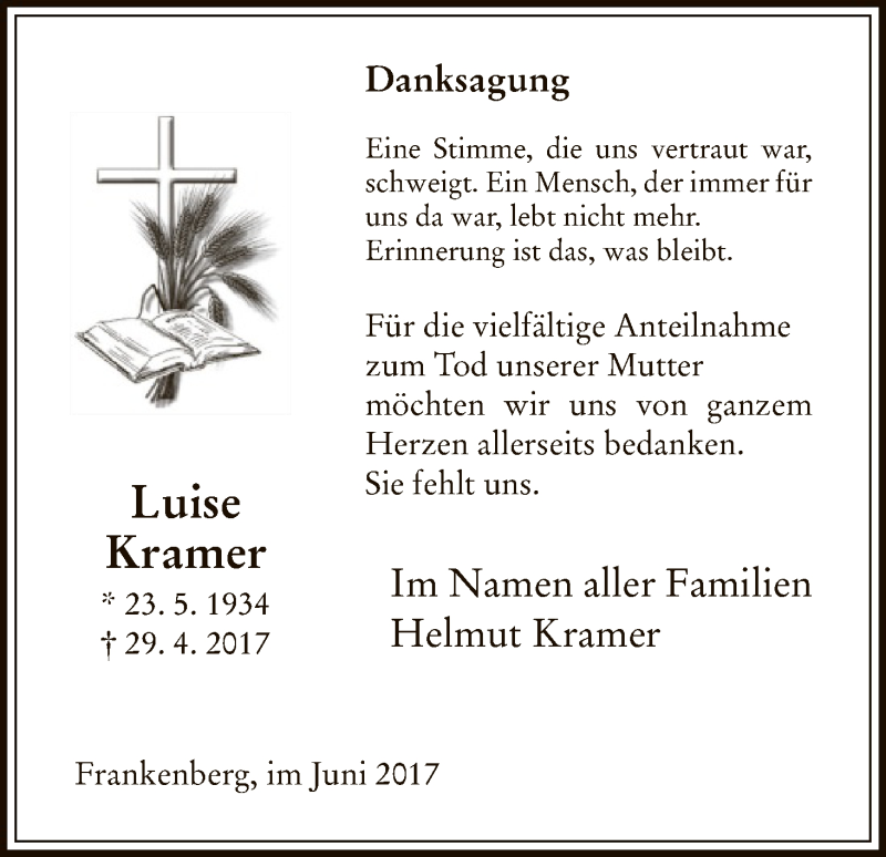  Traueranzeige für Luise Kramer vom 10.06.2017 aus HNA