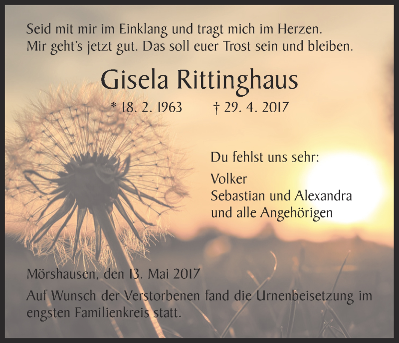 Traueranzeige für Gisela Rittinghaus vom 13.05.2017 aus HNA