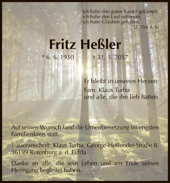 Traueranzeige von Fritz Heßler von HNA