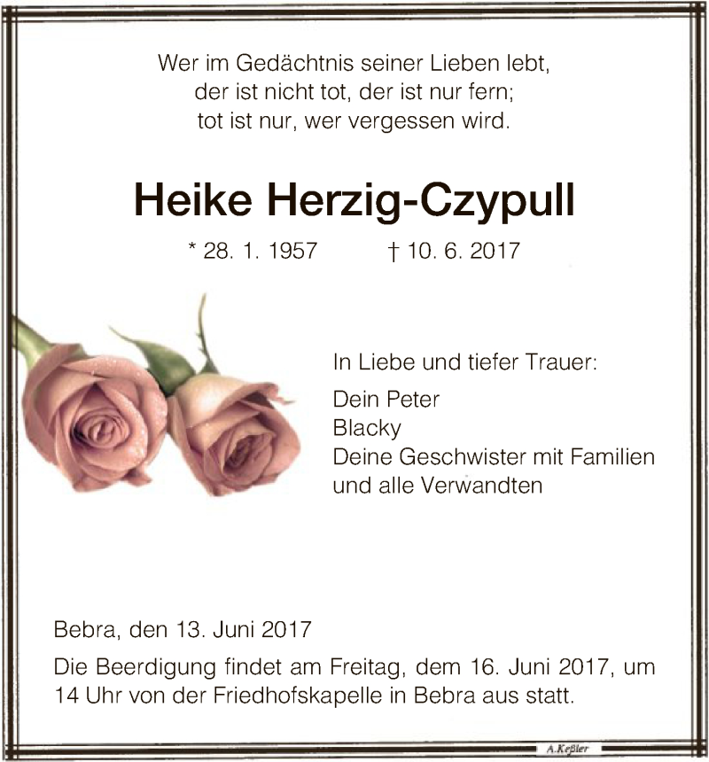  Traueranzeige für Heike Herzig-Czypull vom 13.06.2017 aus HNA