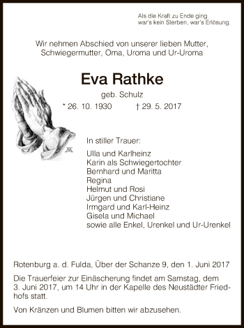 Traueranzeige von Eva Rathke von HNA