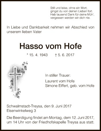 Traueranzeige von Hasso vom Hofe von HNA