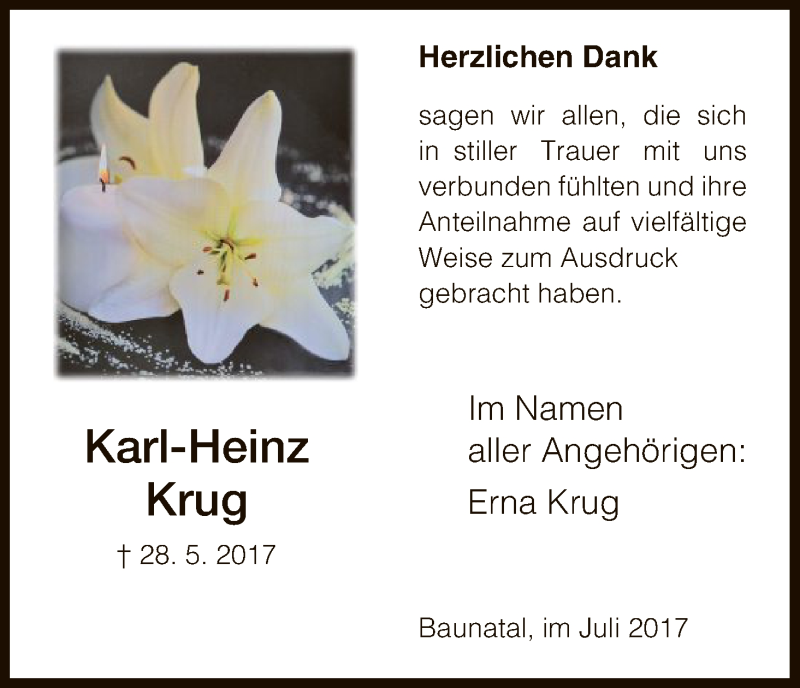  Traueranzeige für Karl-Heinz Krug vom 08.07.2017 aus HNA